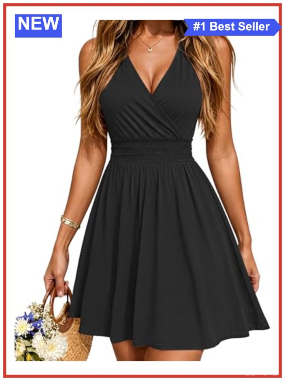 Women's V Neck A-Line Mini Sundress with Pockets Smocked Empire Waist Sleeveless